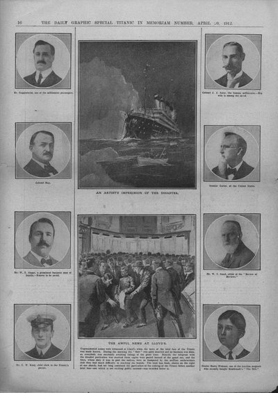 Uma impressão artística do desastre e as horríveis notícias de Lloyds, 20 de abril de 1912. de Unbekannt