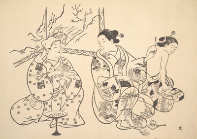 Um Oiran sentado em uma sala de estar aplica o tratamento de fogo nas costas nuas de outra mulher. de Unbekannt