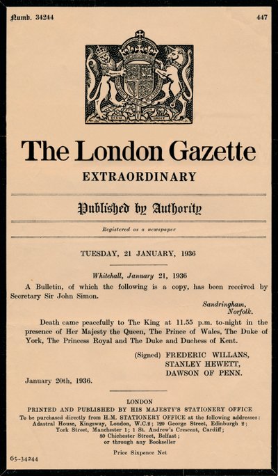 Um boletim extraordinário do The London Gazette anunciando a morte do rei George V 1865-1936 de Unbekannt