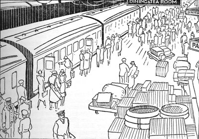 Uma ilustração de uma estação ferroviária dos anos 30, em 1937 de Unbekannt