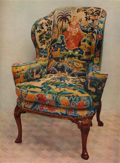 Poltrona estofada com asas, estrutura em nogueira esculpida e cobertura original de bordado em seda, c17 de Unbekannt