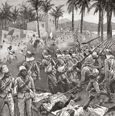 Tropas anglo-egípticas invadem a aldeia de Ferkeh na Batalha de Ferkeh ou Firket, a 7 de Junho de 1896, durante a Guerra de Mahdist. de Unbekannt