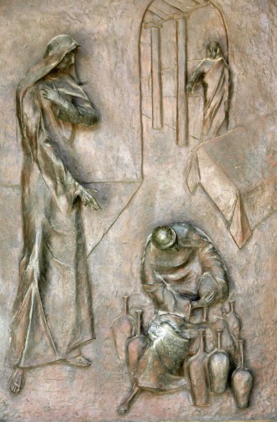 Basílica da Anunciação escultura da porta: milagre do casamento de cana, Nazaré, Israel de Unbekannt