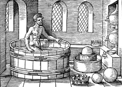 Arquimedes c287-212 aC, matemático e inventor da Grécia Antiga, em seu banho de Unbekannt