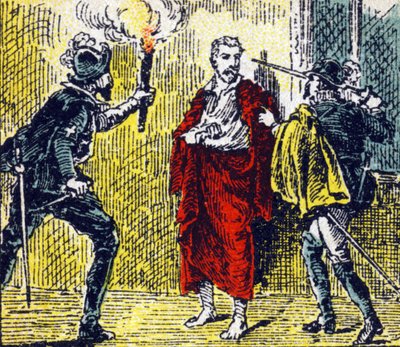 Assassinato de Gaspard de Coligny durante os massacres de Saint Barthelemy por uma denominação de Besme em 24 de Agosto de 1572. Gravura no "Histoire de France". Série de imagens publicitárias publicadas em nome de Louit, 24 rue d