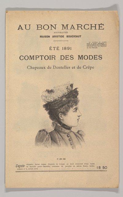 Au Bon Marché-Comptoir des Modes, chapéus de renda e crepe, verão de 1891, 1891. de Unbekannt