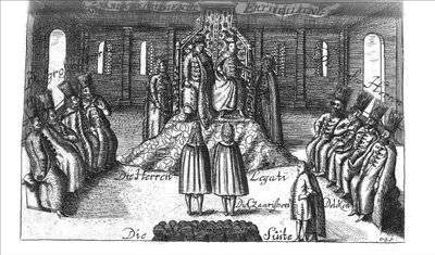 Audiência com Ivan V, Peter I e Sophia Alekseyevna de Georg Adam Schleissing Derer beyden Czaaren em Reussland ..., 1693 de Unbekannt