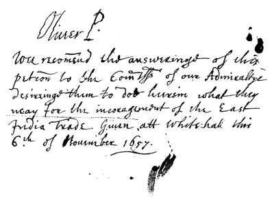 Nota do autógrafo de Oliver Cromwell a uma petição da Companhia das Índias Orientais, novembro de 1657, 1893 de Unbekannt
