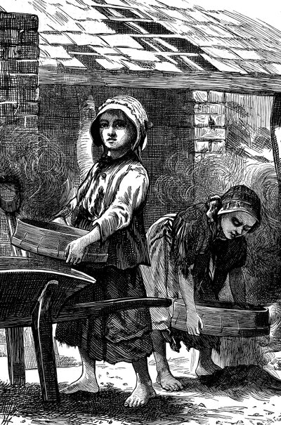 Meninas descalças, peneirando poeira em um brickyard, 1871 de Unbekannt