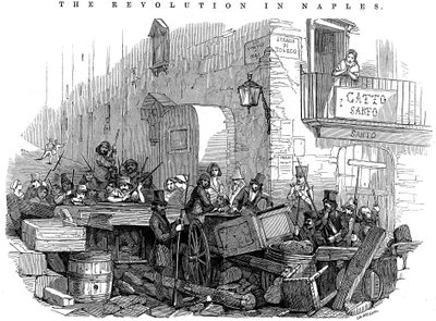 Barricada na Strada di Toledo, pouco antes do ataque, Revolução em Nápoles, 15 de maio de 1848 de Unbekannt