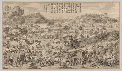 Batalha em Tunggushi Luke: das cenas de batalha do combate às rebeliões ..., c. 1765-1774. de Unbekannt
