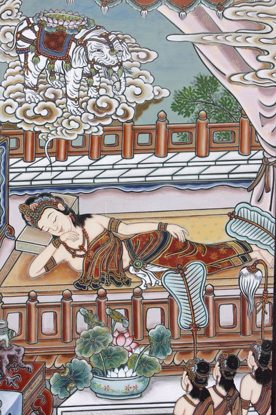Antes do nascimento de Siddartha Gautama, sua mãe sonhava com um elefante branco apresentando-lhe uma flor de lótus, Seul, Coree du Sud. de Unbekannt