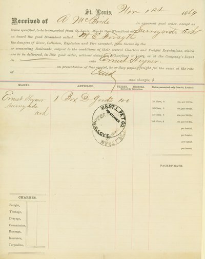 Conhecimento de embarque, barco a vapor M[ary] E. Forsyth, Sunnyside, Arkansas, 1 de novembro de 1864 de Unbekannt