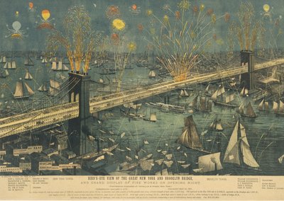 Vista panorâmica da Great New York e Brooklyn Bridge, e Grande Exibição de Fogos de Artifício ..., 1883. de Unbekannt