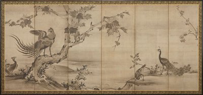 Pássaros, flores e árvores: ao fundo, bambus, período Momoyama, 1568-1615. de Unbekannt