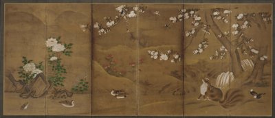 Pássaros, flores das estações e gatos-almiscarados, período Muromachi ou Momoyama, século XVI. de Unbekannt