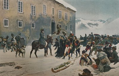 Bonaparte recebido pelos monges do Monte São Bernardo. Passagem dos Alpes, maio de 1800, 1896 de Unbekannt