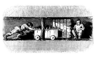 Menino empurrando um caminhão carregado com carvão da face do carvão para o fundo do poço do poço, c1848 de Unbekannt