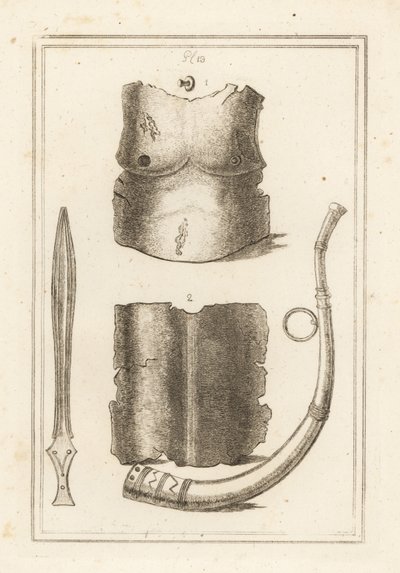 Placa de peito e contra-peça da antiga cuirass romana 1,2, lituus romanos ou trombeta militar 3 e espada de latão antiga 4 de Unbekannt