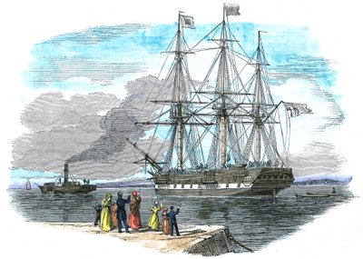 Navio britânico de emigrantes sendo rebocado para fora do porto antes de zarpar para Sydney, Austrália de Unbekannt