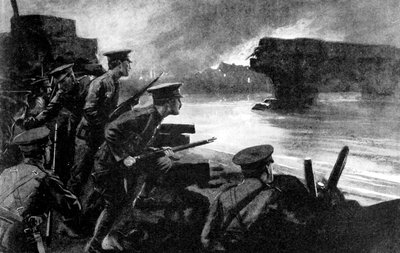 Tropas britânicas na margem do rio preparadas para o avanço alemão, Bélgica, Primeira Guerra Mundial, 1914 de Unbekannt