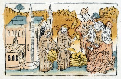 Distribuição de pão pelos irmãos do mosteiro às pessoas pobres. Por volta de 1477 de Unbekannt