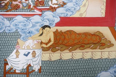 A mãe de Buda a sonhar com um elefante branco. Thangka, Bhaktapur, Nepal de Unbekannt