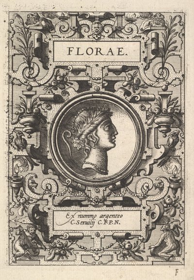 Busto de Florae rodeado de tiras, da série Deorum dearumque, um conjunto de imagens ..., 1573. de Unbekannt