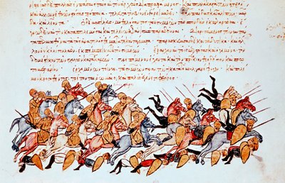 Cavaleiros bizantinos que esmagam a cavalaria inimiga e os soldados de infantaria de Unbekannt