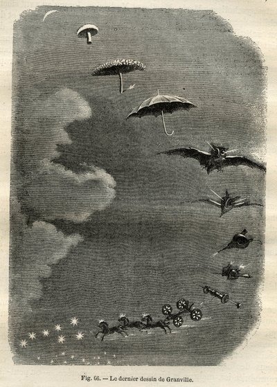Metamorfose Celestial: O sonho de uma jovem que contempla a lua, que se transforma num cogumelo, guarda-chuva, morcego... e finalmente num tanque do Grande Urso (último desenho de Jean-Isidore Gerard, dit J.J. Grandville de Unbekannt