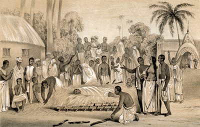 Cerimônia de queimar uma viúva hindu com o corpo de seu falecido marido, 1847 de Unbekannt