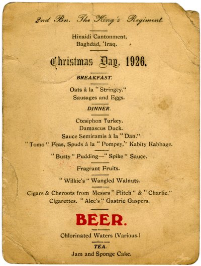 Menu do dia de Natal, 2º Batalhão do Regimento dos Reis, Iraque, 1926 de Unbekannt