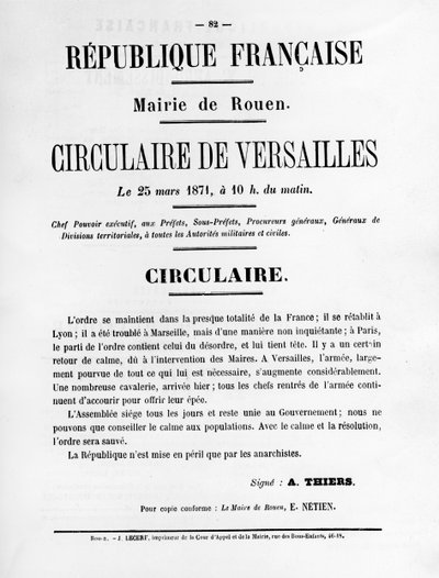 Circulaire de Versailles, dos cartazes políticos franceses da Comuna de Paris, maio de 1871 de Unbekannt