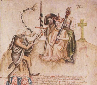 Coroação do rei Alexandre III em Moot Hill, Scone. Do manuscrito do Scotichronicon por Walte de Unbekannt