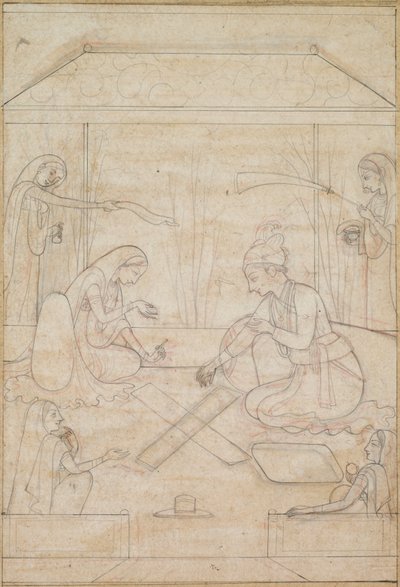 Casal tocando Chaupar em um terraço, c. 1790-1800. de Unbekannt