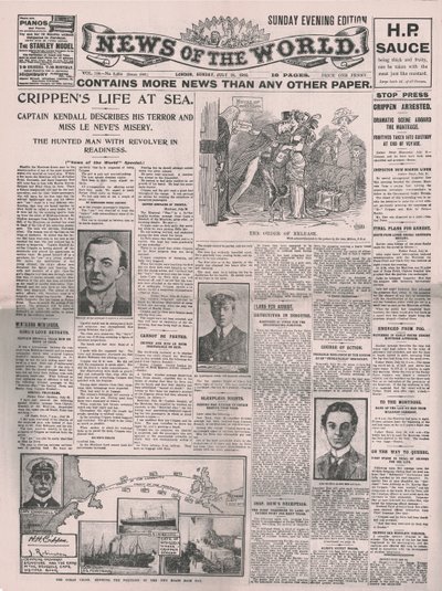 Crippens Life at Sea, primeira página do News of the World, 31 de julho de 1910. de Unbekannt