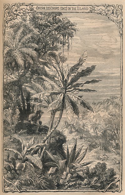 Crusoé descobre cabras na ilha, c1870 de Unbekannt