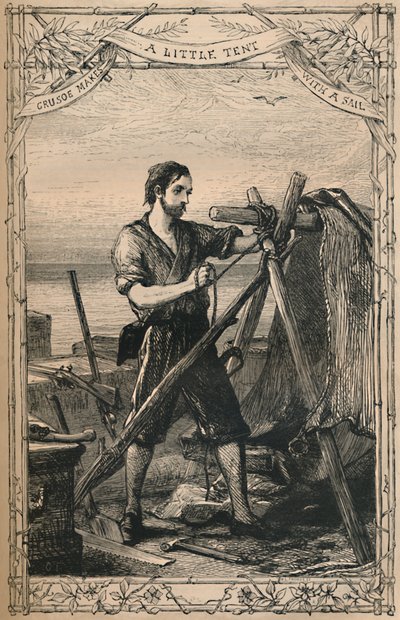 Crusoe faz uma pequena tenda com uma vela, c1870 de Unbekannt