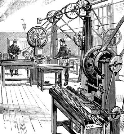 Cortando espaços em branco de moedas de tiras de metal, Royal Mint, Londres, 1897 de Unbekannt