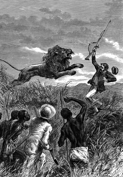 David Livingstone, missionário escocês e explorador africano, sendo carregado por um leão, c1860 de Unbekannt