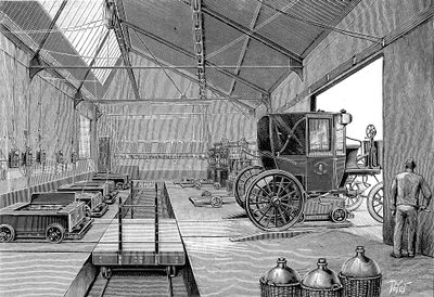 Depósito onde os táxis de Paris acionados eletricamente eram equipados com baterias recém carregadas, 1899 de Unbekannt
