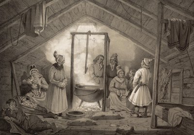 O interior de uma casa de campo de um agricultor na Finlândia. Ilustração retirada do livro Norge fremstillet i Tegninger av Asbjørnsen, P.Chr. og utgitt av Chr. Tønsberg (no, 1848)
O Sami vestido de domingo em casa de um ano. "As cabanas de madeira (...) de Unbekannt