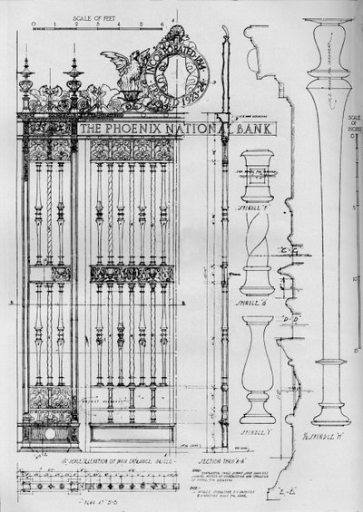 Desenho em detalhe da grade da porta de entrada principal, Phoenix National Bank, 1924 de Unbekannt
