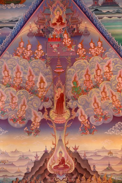 Detalhe de uma pintura mural no Uposatha (hall do santuário) do templo de Buddhapadipa, Wimbledon, Grande-Bretagne de Unbekannt