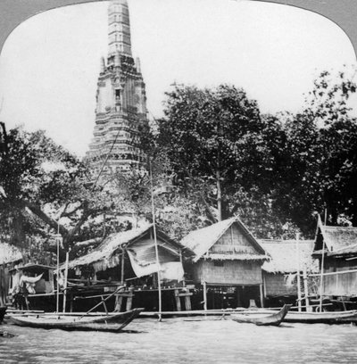 Dhows e casas no rio Chao Phraya, Bangkok, Tailândia, 1900s de Unbekannt