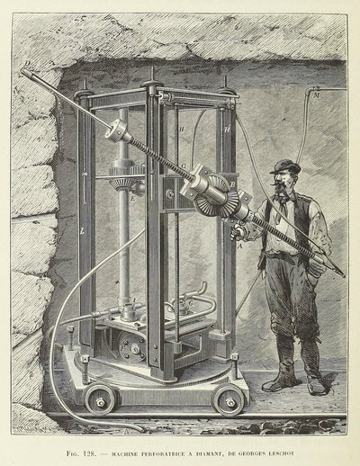 Diamond Drilling Machine projetado por Georges Leschot, pub. gravura de 1883, 1883. de Unbekannt