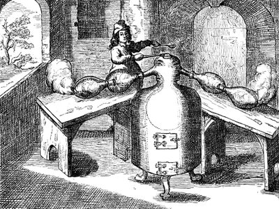 Destilação de ácido nítrico Aqua fortis ou ácido de partição em um homem de ferro com dois narizes, 1689 de Unbekannt