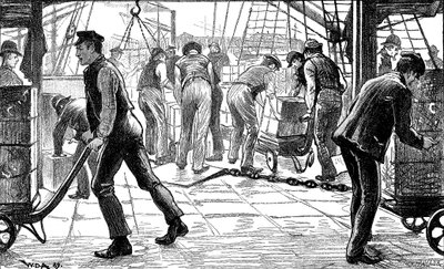 Dockers descarregando chá nas docas de Londres, 1889 de Unbekannt