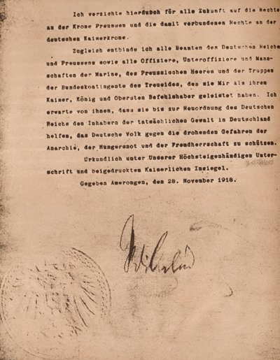 Documento confirmando a abdicação de Kaiser Wilhel II da Alemanha, 9 de novembro de 1918 1935. de Unbekannt