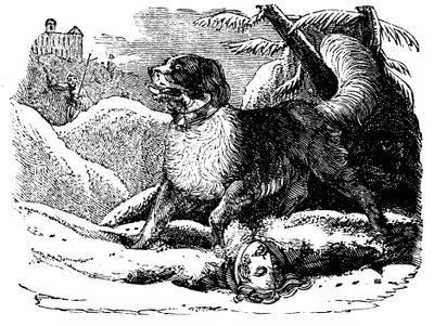 Cão do hospício de St Bernard encontrar um viajante na neve, c1840 de Unbekannt